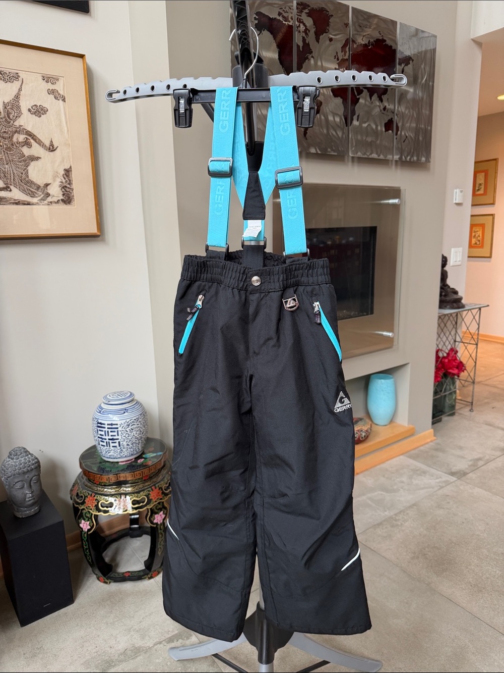 New Gerry Brand Black Snow Overalls with Bright Blue Suspenders Kids S